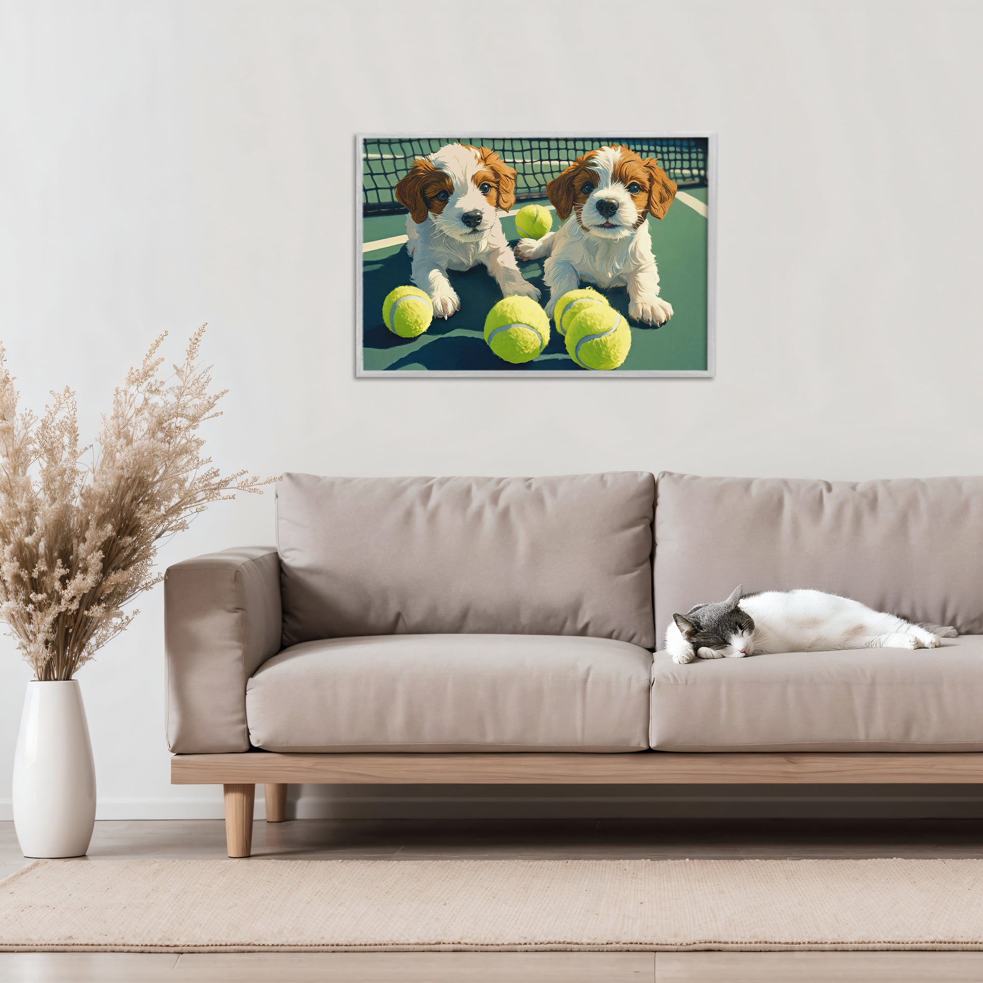 Stupell Industries Playful Puppies with Tennis Balls Gray Framed Giclee Art, design by Imagine It Images