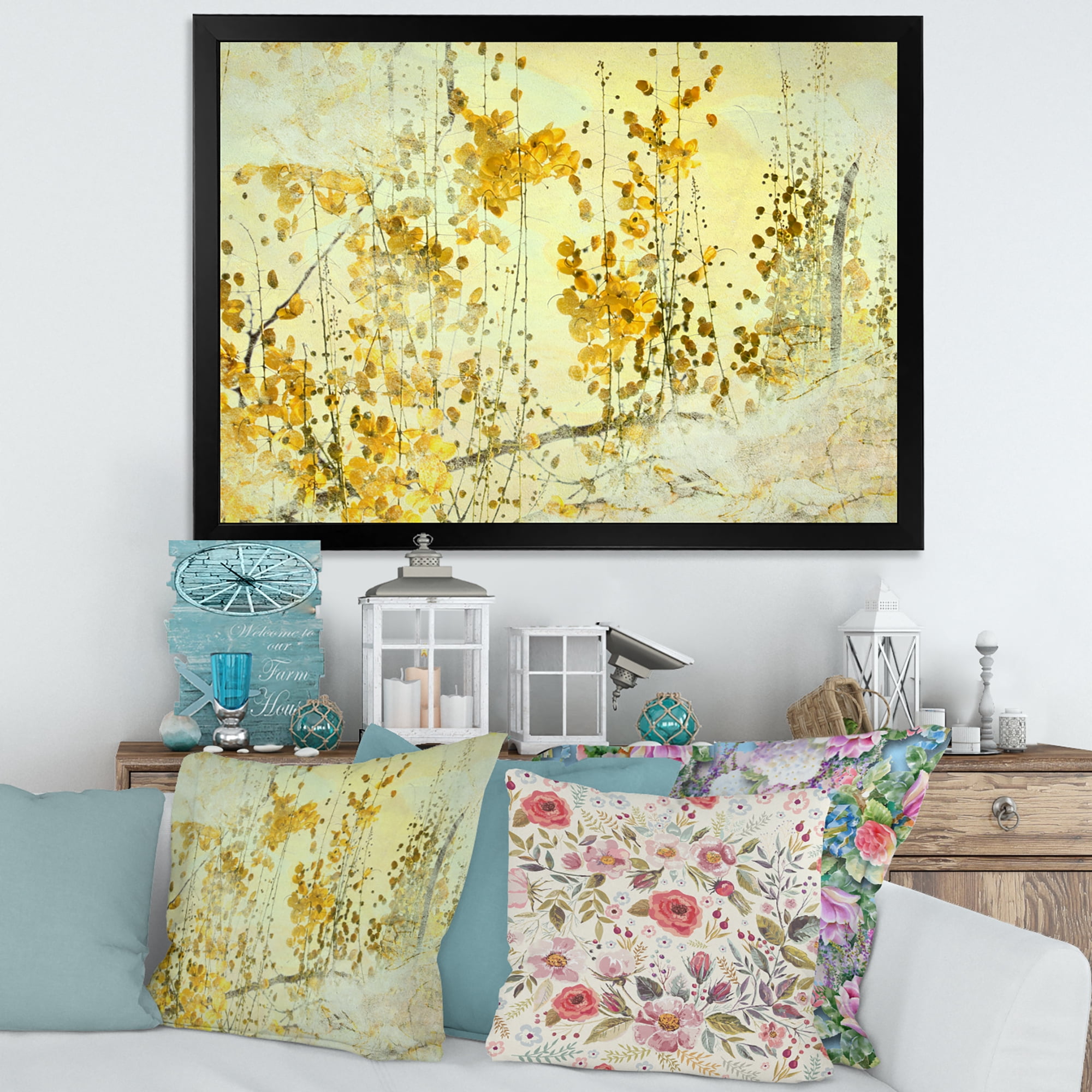 Designart 'Abstract Yellow Flower Grunge Art' Modern Framed Art Print