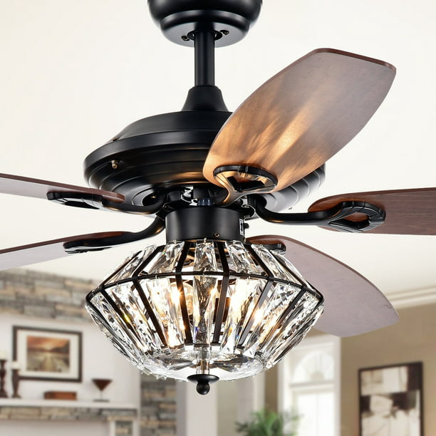 Lighted Ceiling Fan With Crystal Shade, Antique White And Champagne Crystal Ceiling Fan
