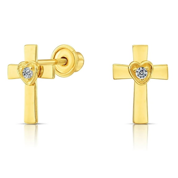 Tilo Jewelry 10K Yellow Gold Small Cross & Heart CZ Stud Post Earrings with Secure Screw-Backs | Everyday Dainty Small Earrings for Women & Unisex