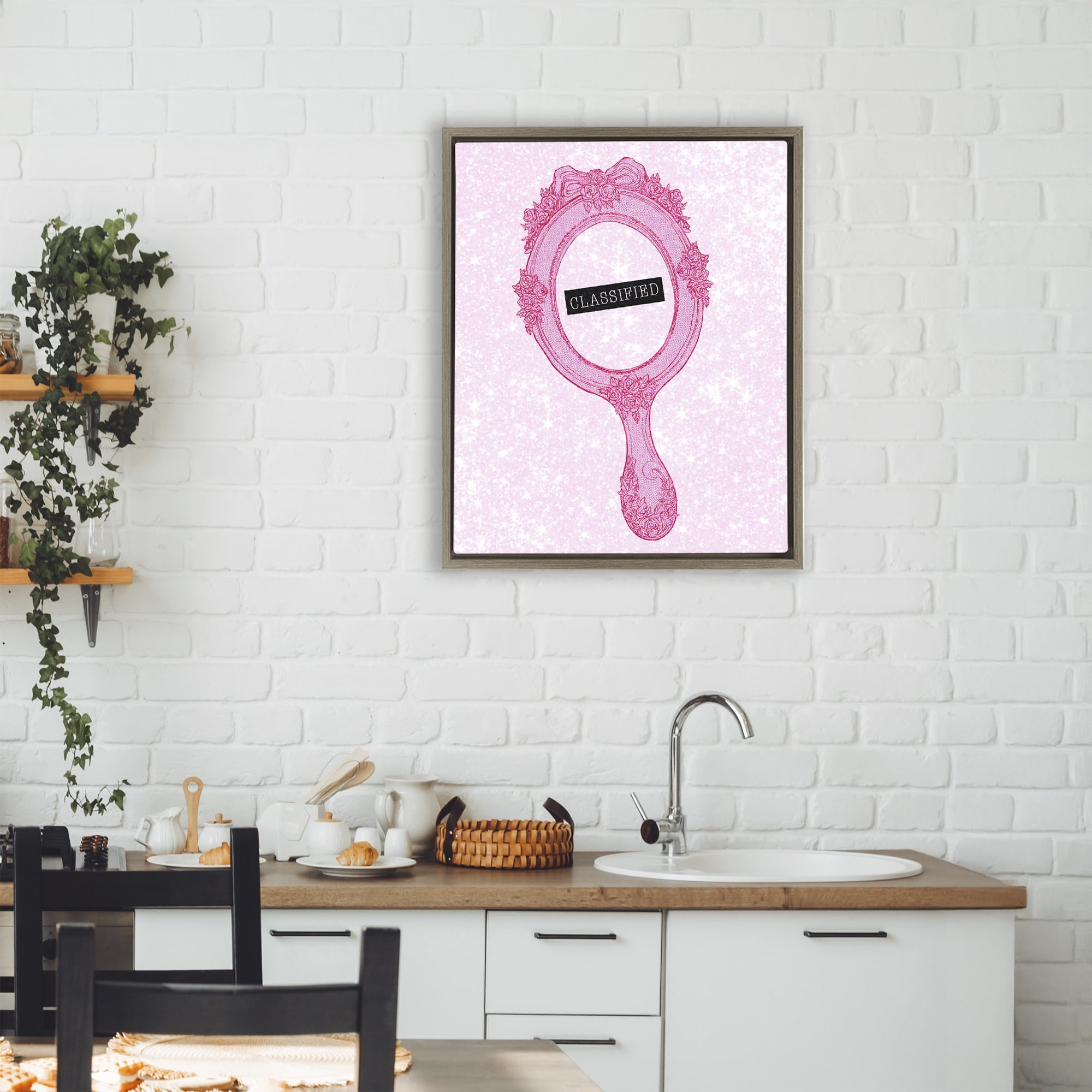 Stupell Industries Classified Ornate Pink Mirror Brown Framed Floater Canvas Wall Art, design by Ziwei Li