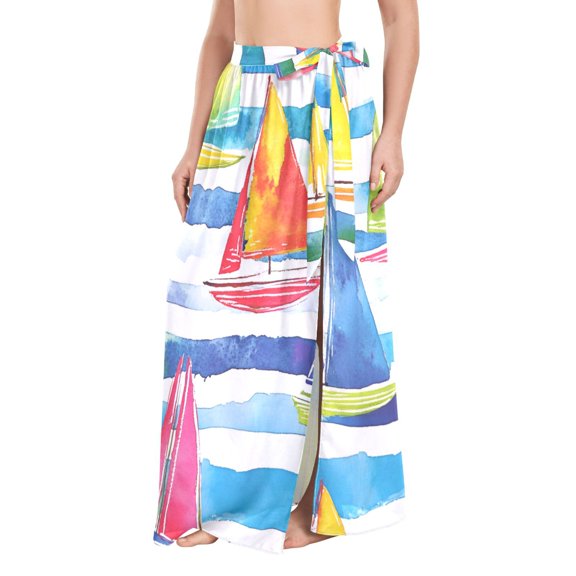 FORMRS Womens Long Sarong Beach Wrap Semi-Sheer Bikini Skirt Bathing Swimsuit Cover Up, Yellow Hand Drawn Sailboats