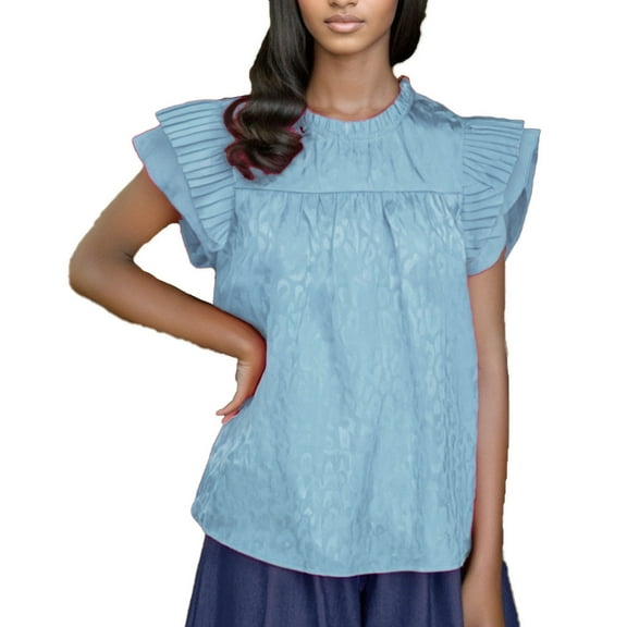 Women's Summer Crewneck Leopard Print Shirts with Double Ruffle Sleeves, Loose Fit