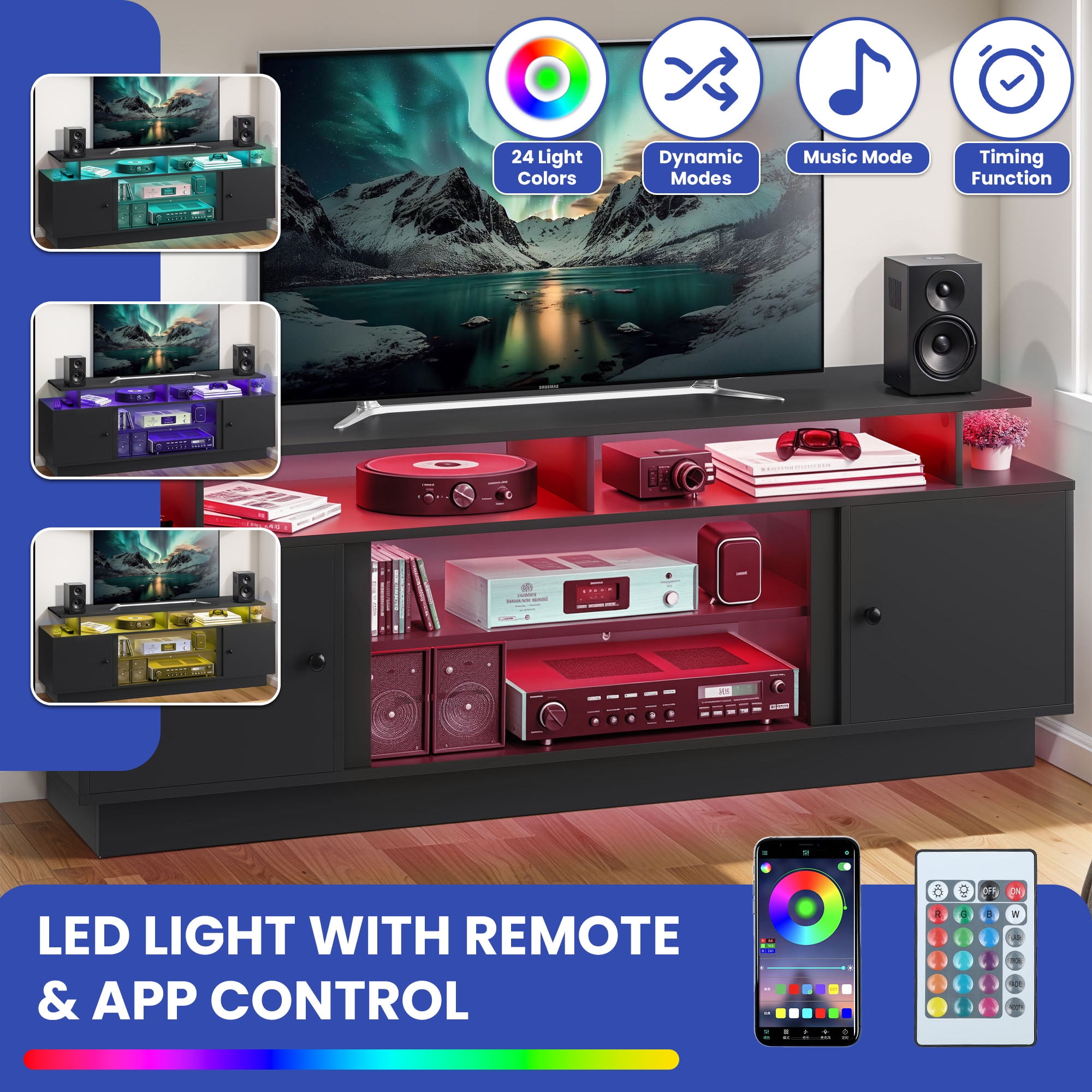 Uforic 70 Inch Modern TV Stand with LED Lights for up to 80 Inch TVs, Living Room Entertainment Center with Light Strip, Storage Cabinets and Adjustable Partition, Black