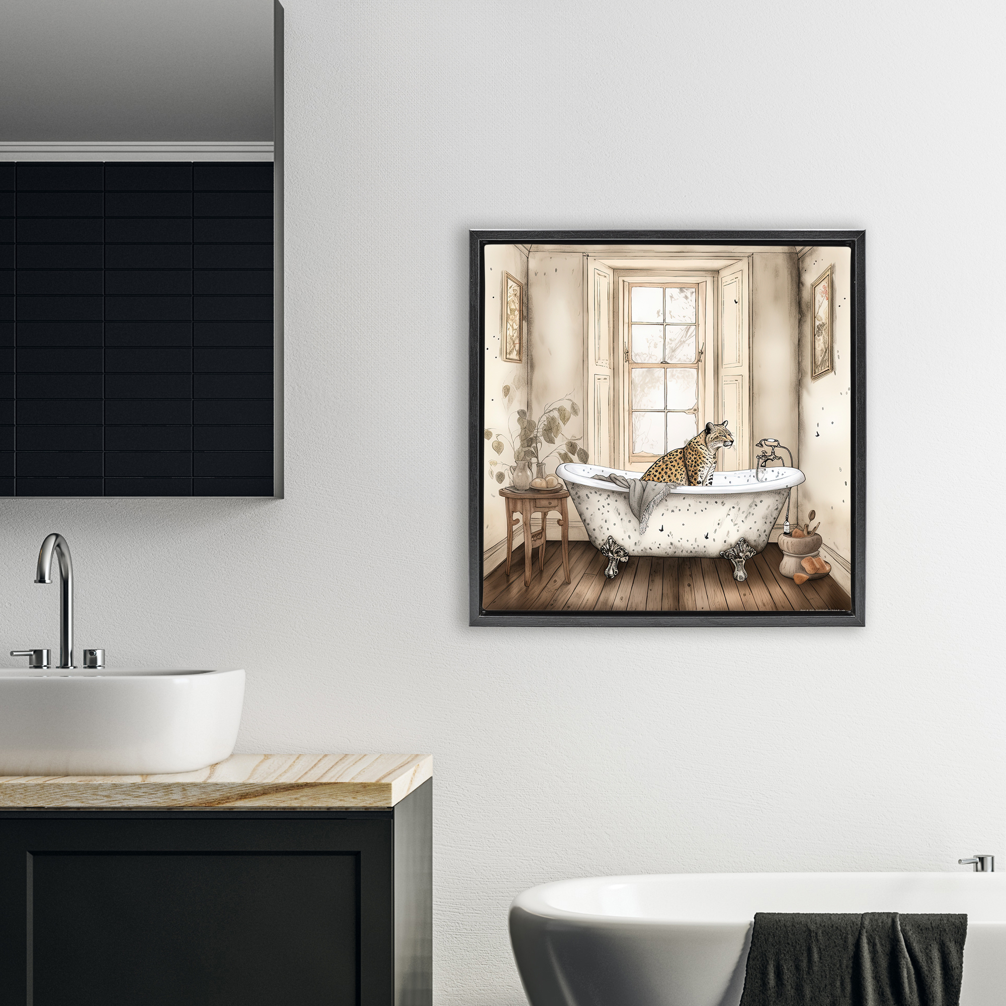 Neutral Leopard Bathtime Black Framed Floater Canvas Wall Art, design by Sasha