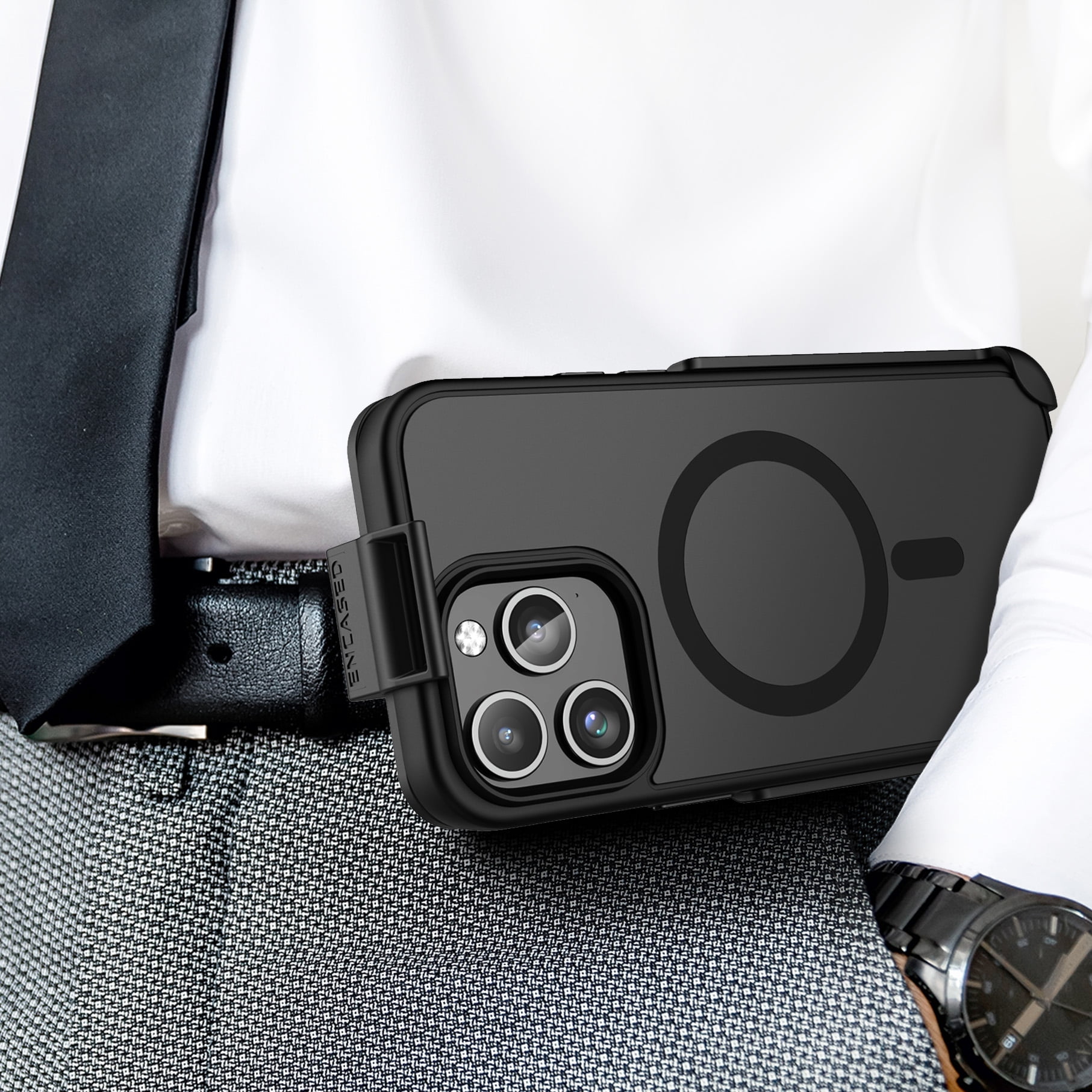 Encased SlimShield Designed for iPhone 15 Pro Belt Clip Case with Holster (Compatible with MagSafe) Black