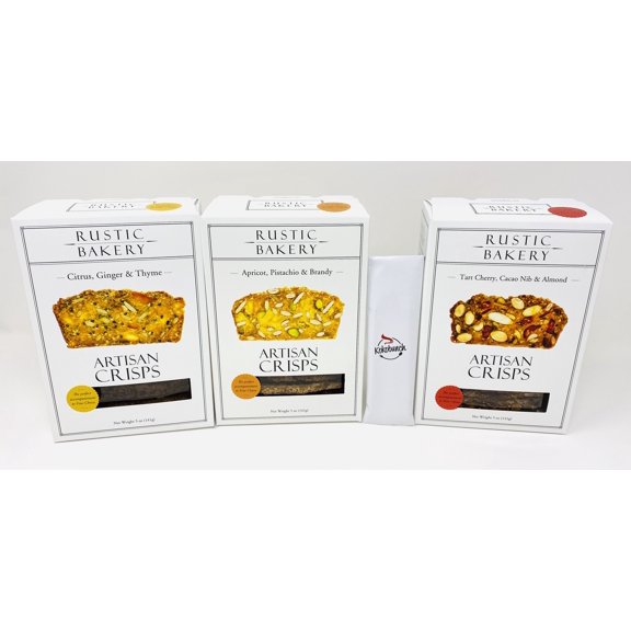Rustic Bakery Artisan Crisps Variety Bundle With Kokobunch Kit | Citrus Ginger & Thyme, Apricot Pistachio & Brandy, Tart Cherry Cacao Nib & Almond | 5oz.