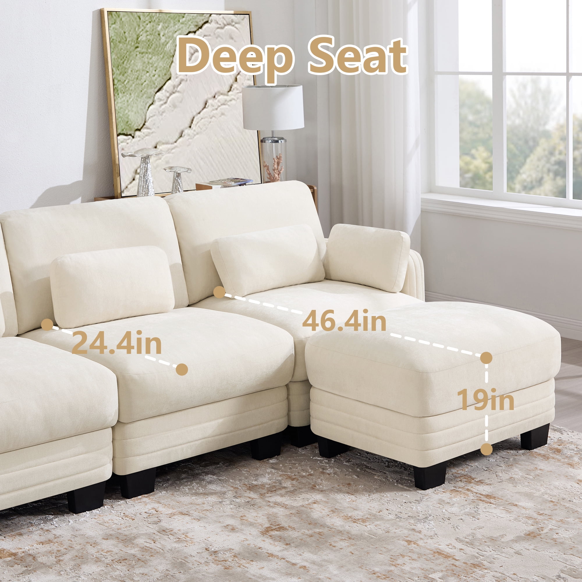 130" L Shape Modern Modular Sectional 4 Seater Sofa Couch with Movable Ottoman and 6 Pillows