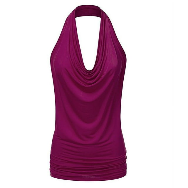 Blusa sexy con cuello drapeado y espalda descubierta, sin mangas, para mujer - Material de poliéster, adecuada para llevar de forma informal y en la oficina