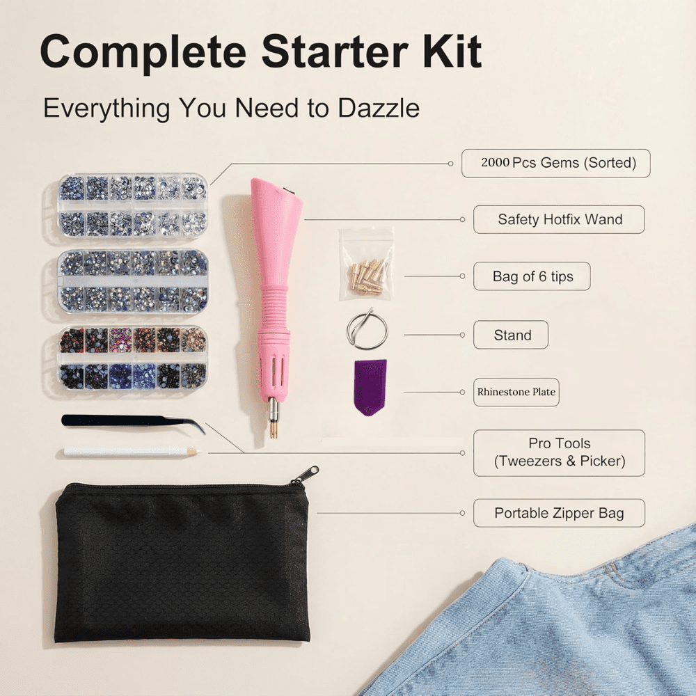 Hotfix Rhinestone Setter, Hot Fix Applicator Tool Bedazzler Kit with Rhinestones, Kit, Hot Fixed Wand for Clothes Clothing Fabric Crafts, 2000 Pcs, AB Crystal,7 Gems Sizes