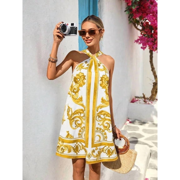 Yellow Womens Halter Neck Allover Baroque Print A-Line Mini Sundress For Summer Beach Vacation & Casual Outing