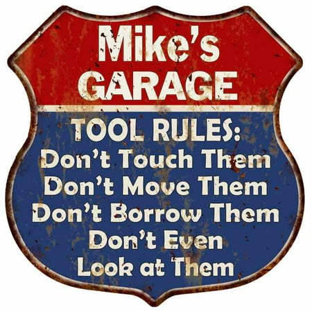 Mike's Garage Man Cave Rules Personalized Gift Shield Metal Sign