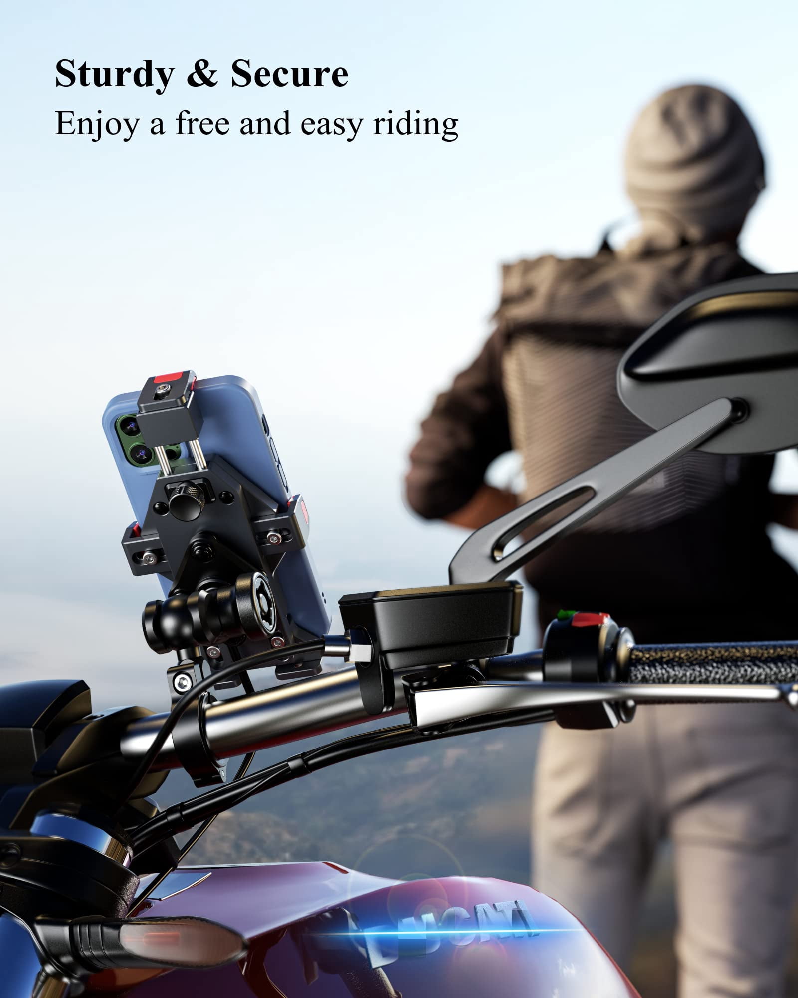 Motorcycle Phone Mount with Qi 15W Wireless Charger & Vibration Dampener, Anti-Theft, Anti-Shake, Adjustable, Aluminum Alloy Motorcycle Handlebar Cellphone Holder for 4.7''-7.2'' Smartphones