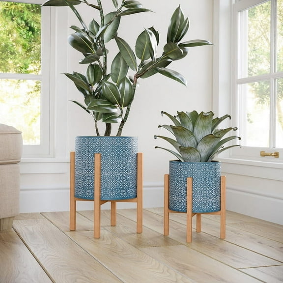 2-Piece Modern Metal Planter Pot With 4-Leg Wood Base - Blue - 14.75"H x 12"W / 12"H x 10"W