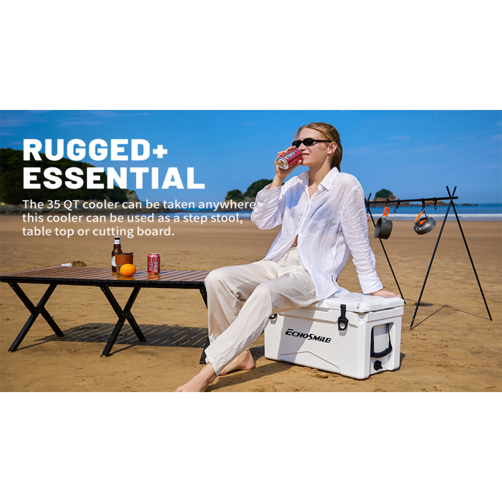 35 Qt Rotomolded Insulated Cooler, White Heavy Duty Ice Chest with 5-Day Ice Retention for Camping, Beach and Outdoor Activities