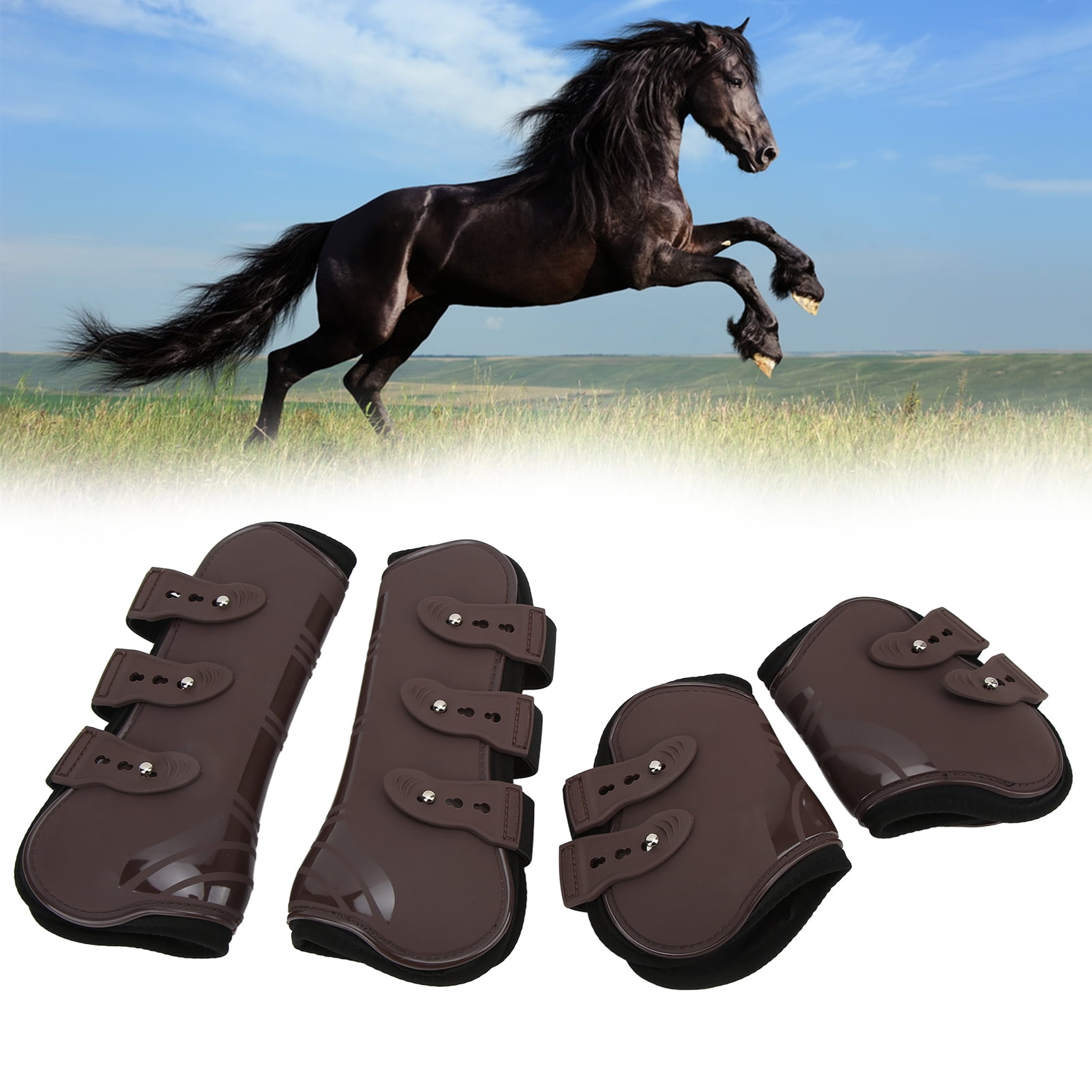 Riousery 4Pcs Horse Front Hind Leg Boots PU Neoprene Tendon Brace Guards Equestrian Protection Gear Brown M Size Set For Enhanced Care And Support During Training And Riding Activities Everyday Use