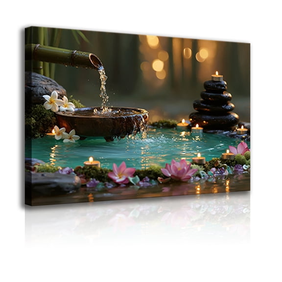 A tranquil Zen garden canvas wall hanging frame, featuring a Zen spa bamboo fountain, lotus flowers, and Zen stones, suitable for bathroom and meditation room home décor.
