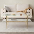 thumbnail image 4 of Rectangle Coffee Table Mid-Century Modern Design L W x H for Living Room - Structure Amber Glass Top and Walnut MDF Shelf Sleek Conical Metal Legs with Gold Finish, 4 of 9