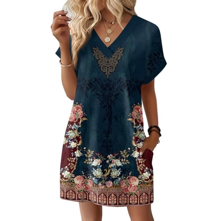 LWavelet Summer Dresses for Women 2026 V Neck Ruffle Sleeve Casual Shift Dress Hawaiian Sundress Beach Vacation Clothes Navy XL