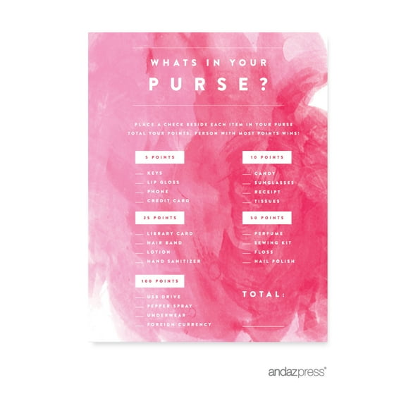 What's In Your Purse?  Pink Watercolor Wedding Bridal Shower Game Cards, 20-Pack
