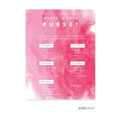 What's In Your Purse? Pink Watercolor Wedding Bridal Shower Game Cards, 20-Pack