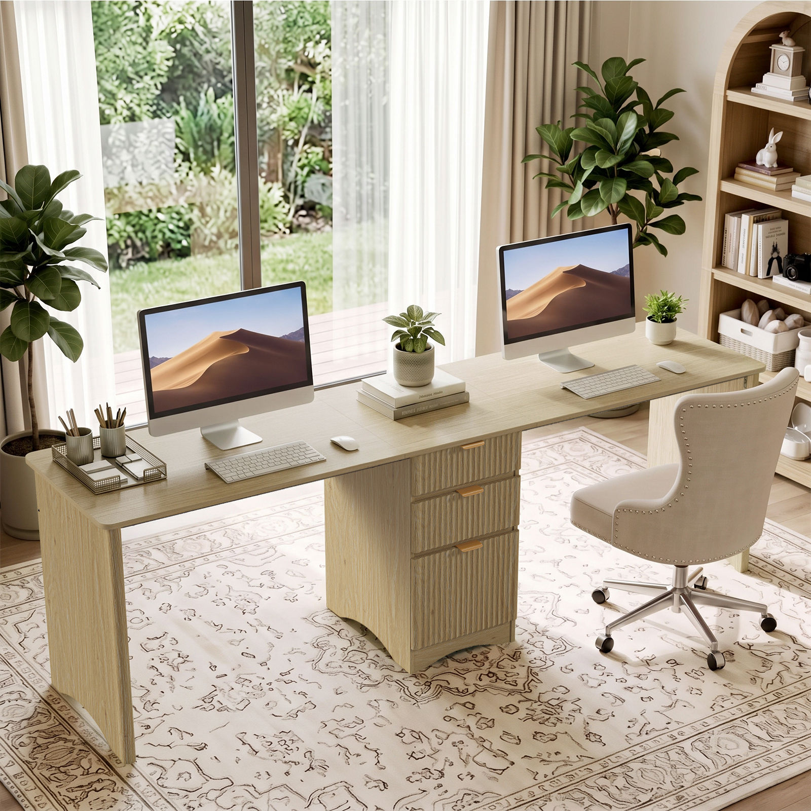Bestier 95" Two Person Computer Desk with Drawers, Oak photo 2