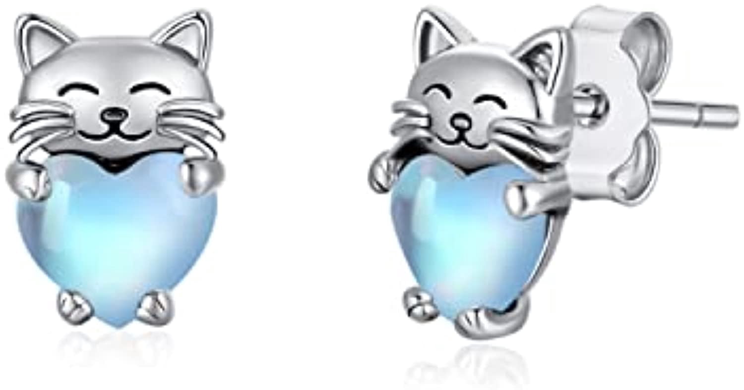 SLUYNZ 925 Sterling Silver White Cat Stud Earrings - Hypoallergenic Gift For Cat Lovers, Women & Teens