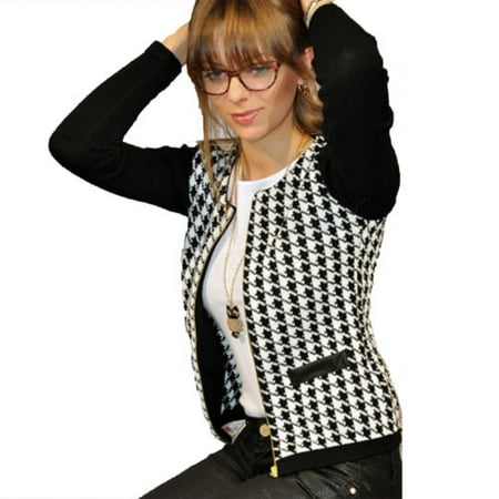 - Women Ladies Houndstooth Long Sleeve Cardigan Zip Slim Blazer Jacket Tops Outwear Coat Overcoat Plus Size