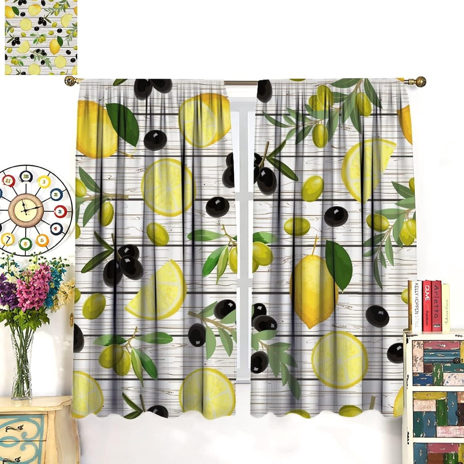 Lemon and Olive Shade Curtains, Yellow Lemon and Black Olive Branches On Wood Background, Bedroom Living Room Rod Pocket Design, 2 Sets of Panels, 52x84 Inches.