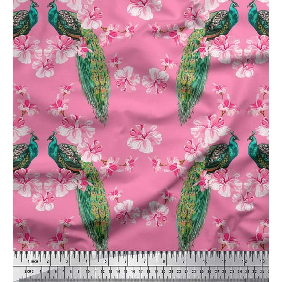 Soimoi Moss Georgette Fabric Floral & Peacock Bird Print Sewing Fabric Yard 42 Inch Wide