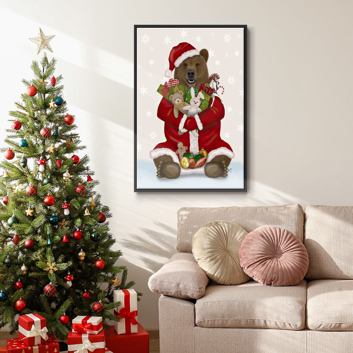 Christmas Christmas Present Bear Hug - Framed Gallery Wrapped Holiday Canvas - 17 x 25 - Black Frame