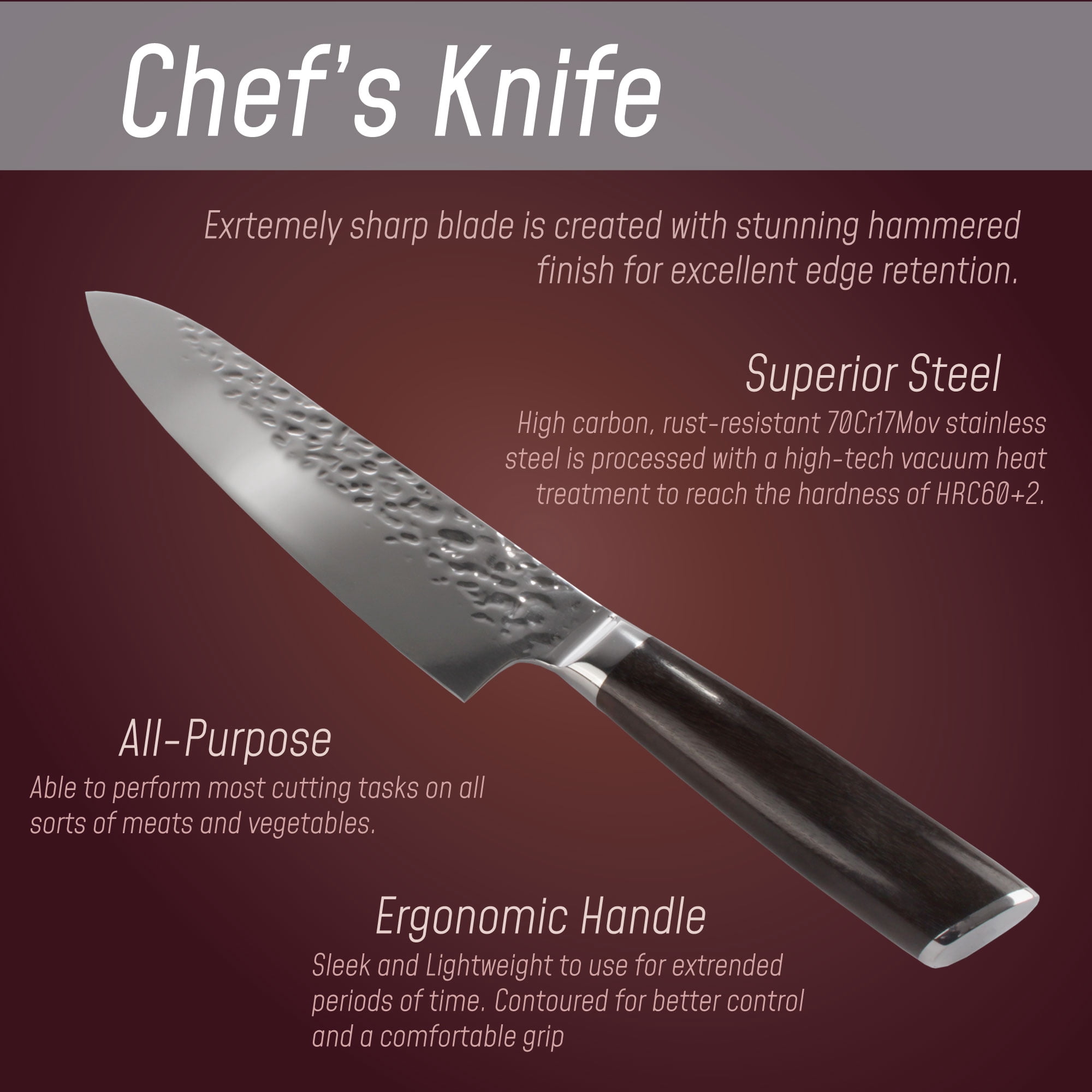 BambooMN Chef Knife - Hammered Blade Black Handle - 1 Knife