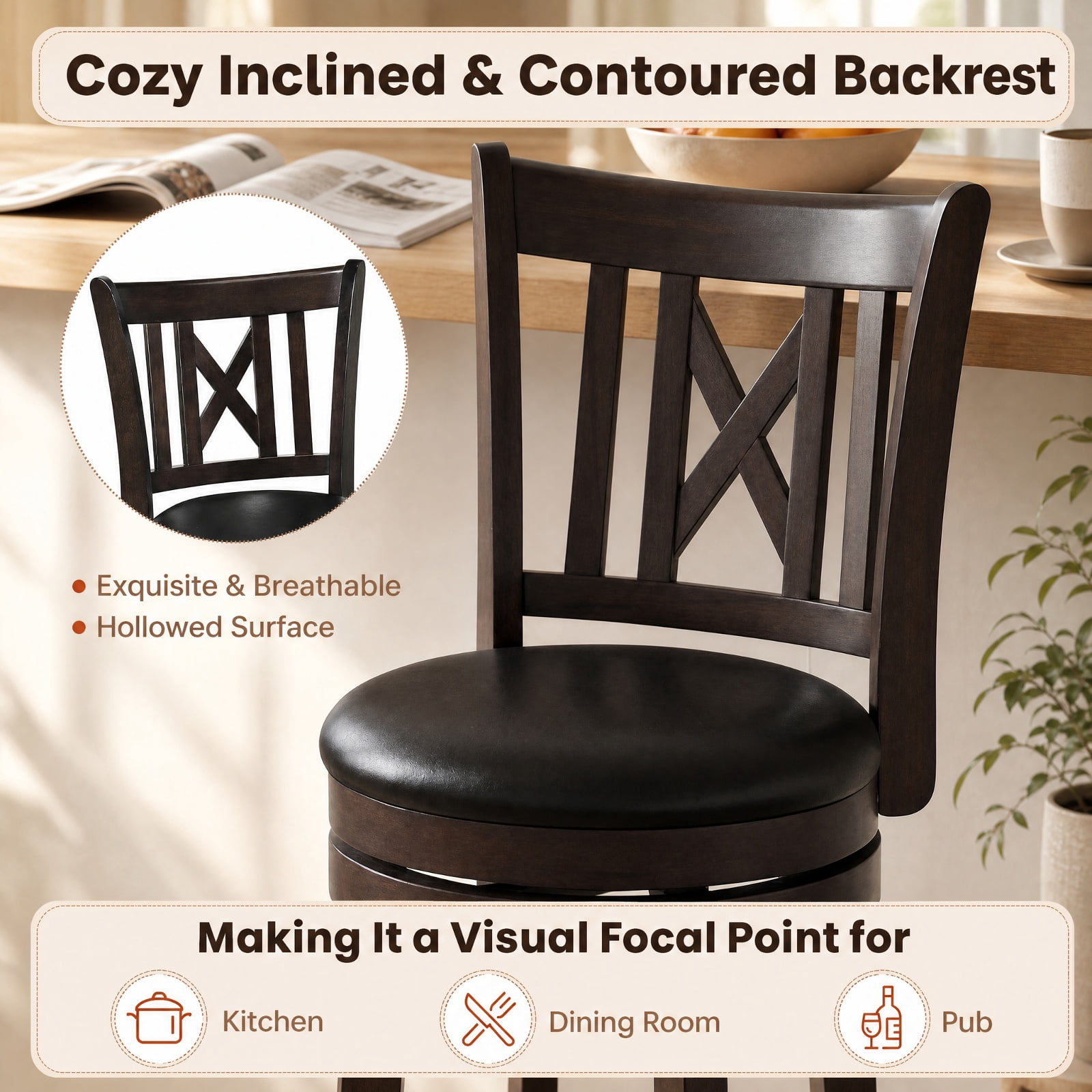 Furnibear Set of 2 Bar Stools Swivel Bar Chairs with Hollowed Backrest and Footrest-30 inches for Kitchen Island Counter Bar Pub Dining Home, Taupe