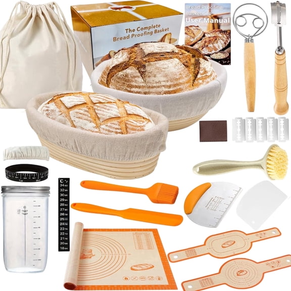 Complete Sourdough Starter Kit: 2 Banneton Proofing Baskets, 24oz Glass Starter Jar, Lame, Whisk, Scrapers