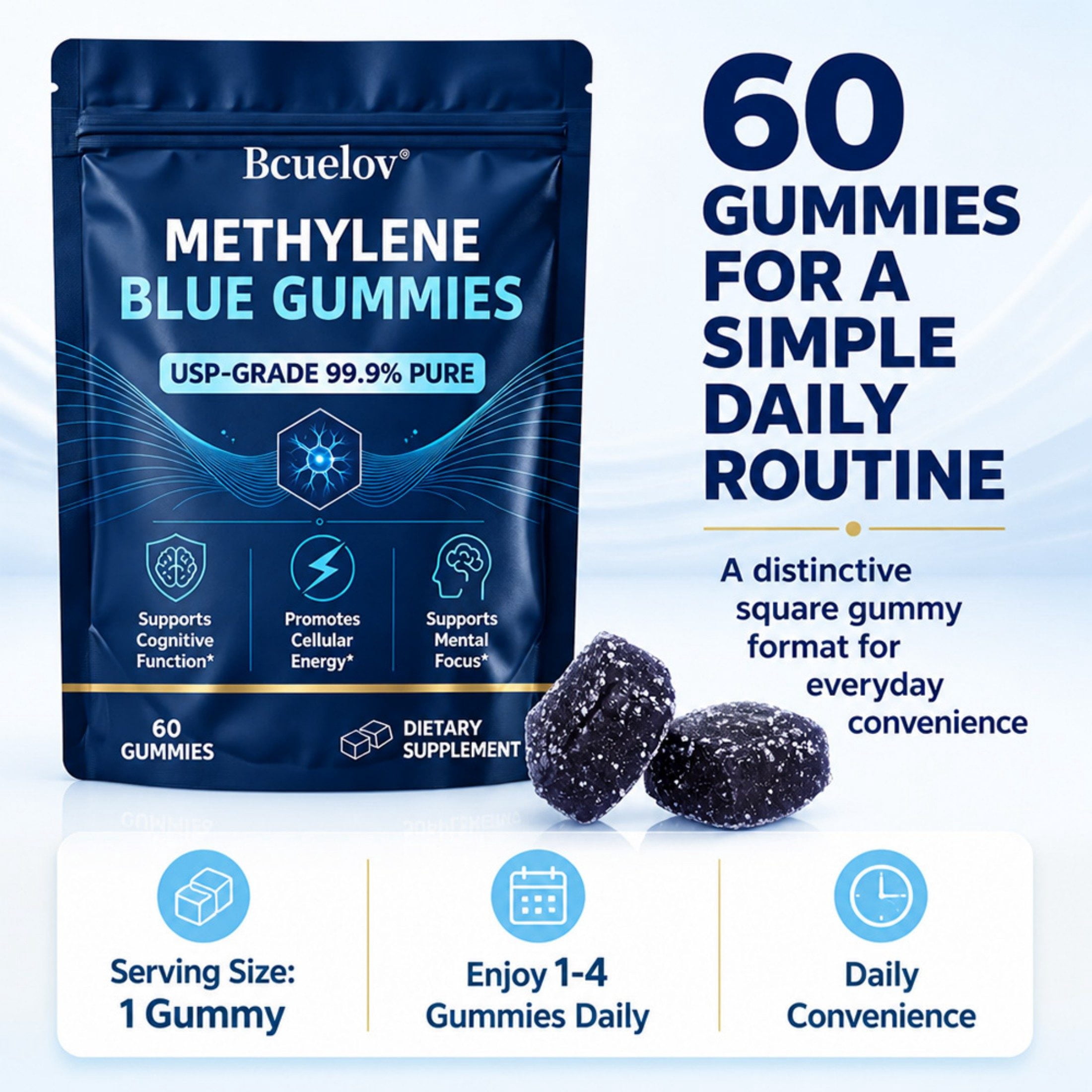 Bcuelov Methylene Blue Gummies,USP Grade, 5mg Per Serving,60 Count