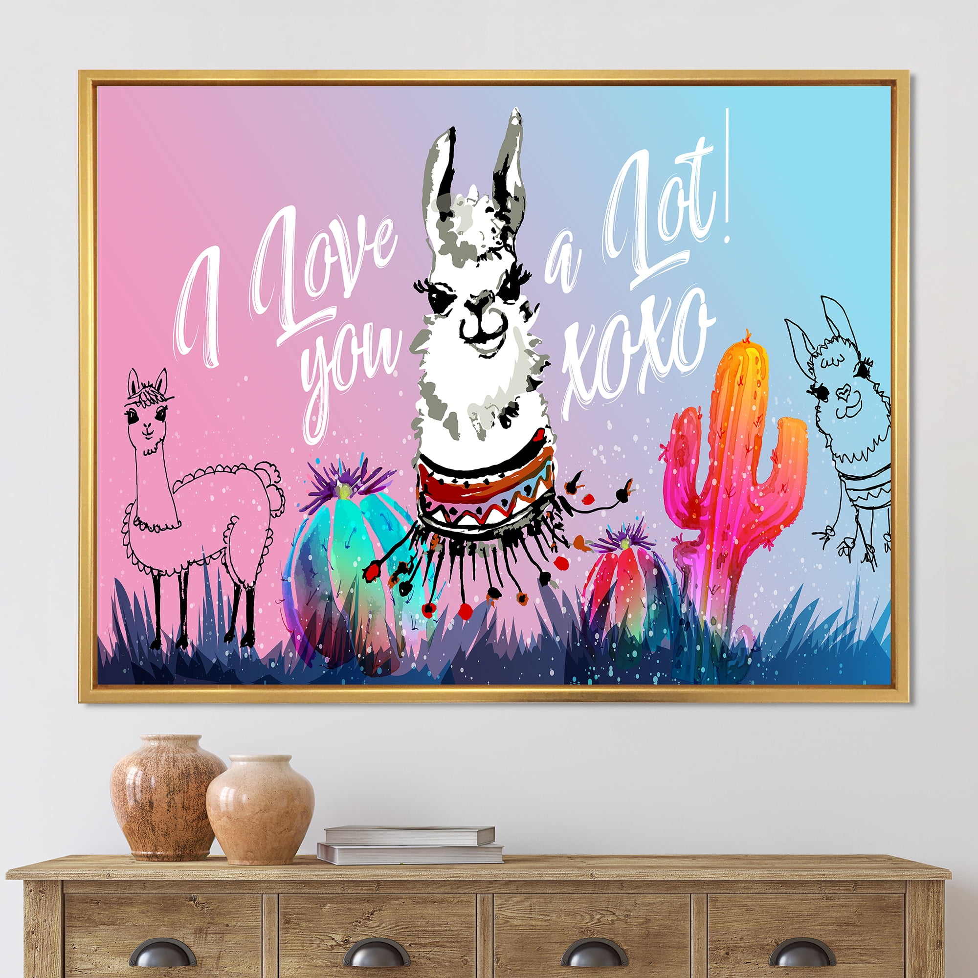 Designart 'I Love You A Lot Llama Alpaca Cartoon Portrait' Children's Art Framed Canvas Wall Art Print