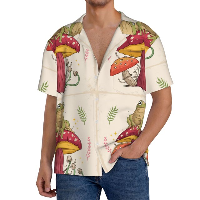 Balery Frog Sitting On Mushroom Camisa Casual de Manga Corta con Botones para Hombre, Texturizada, Estilo Cubano, para Playa, Verano-Large