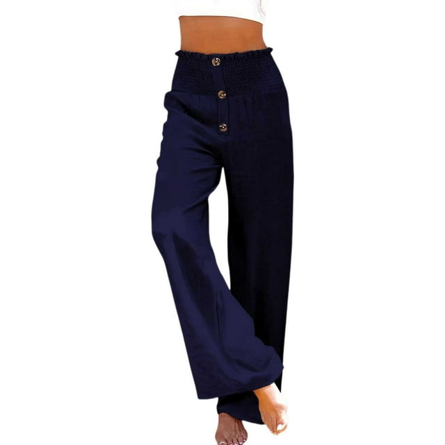 Pantalones palazzo de lino de cintura alta y pierna ancha para mujer, con cordón y bolsillos