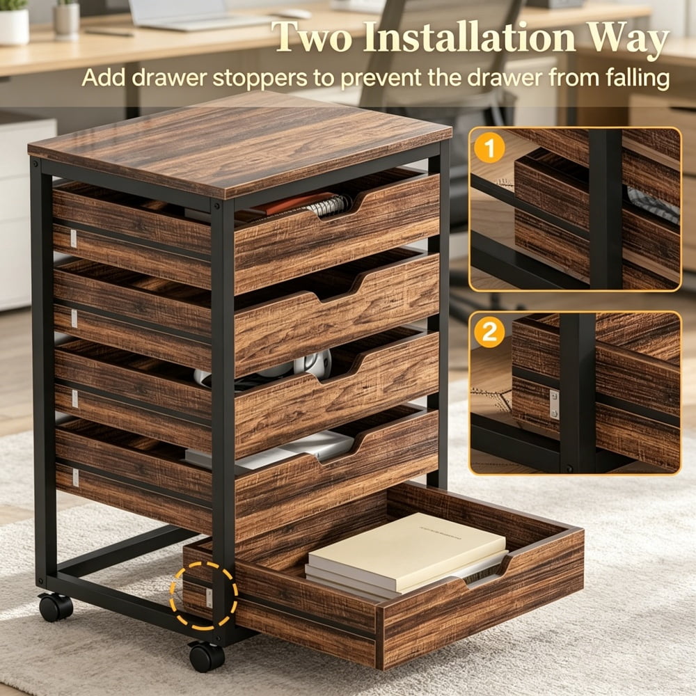 5-Drawer Mobile Storage Cabinet with Wood Veneer & Black Metal Frame, Rolling Printer Stand File Cabinet with Lockable Casters, Top Holds 45LBS for Home Office Bedroom