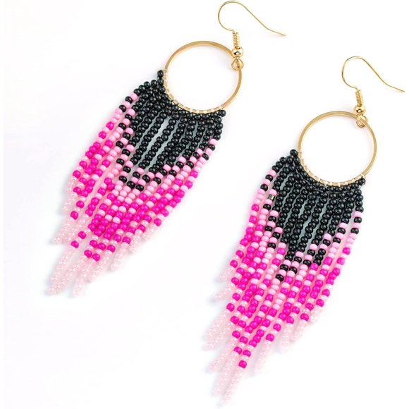 PinesC Handmade Beaded Tassel Earrings - Statement Seed Bead Earrings, Boho Beaded Fringe Drop Earrings for Women
