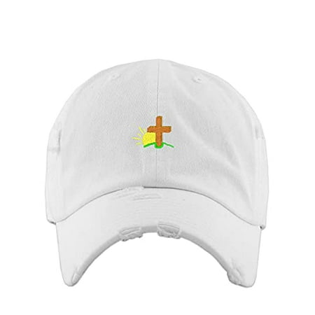 

Religious Cross with Sunshine Vintage Baseball Cap Embroidered Cotton Adjustable Distressed Dad Hat White