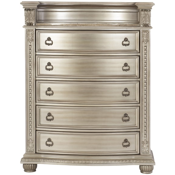 JERFIT 5-Drawer Silver Storage Chest Dresser with Genuine Marble Top, European Traditional Bedroom Furniture for Elegant Organization