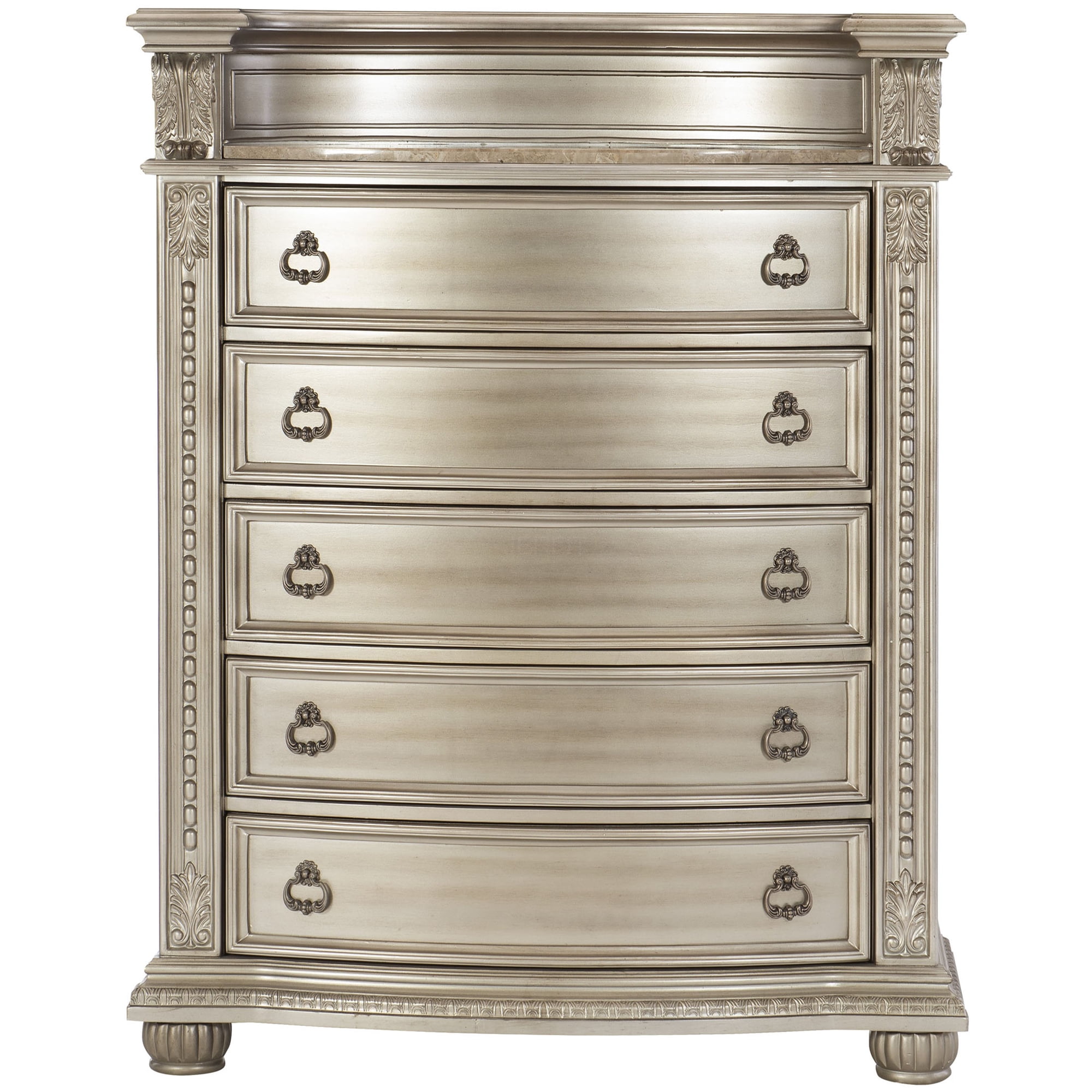JERFIT 5-Drawer Silver Storage Chest Dresser with Genuine Marble Top European Traditional Bedroom Furniture for Elegant Organization