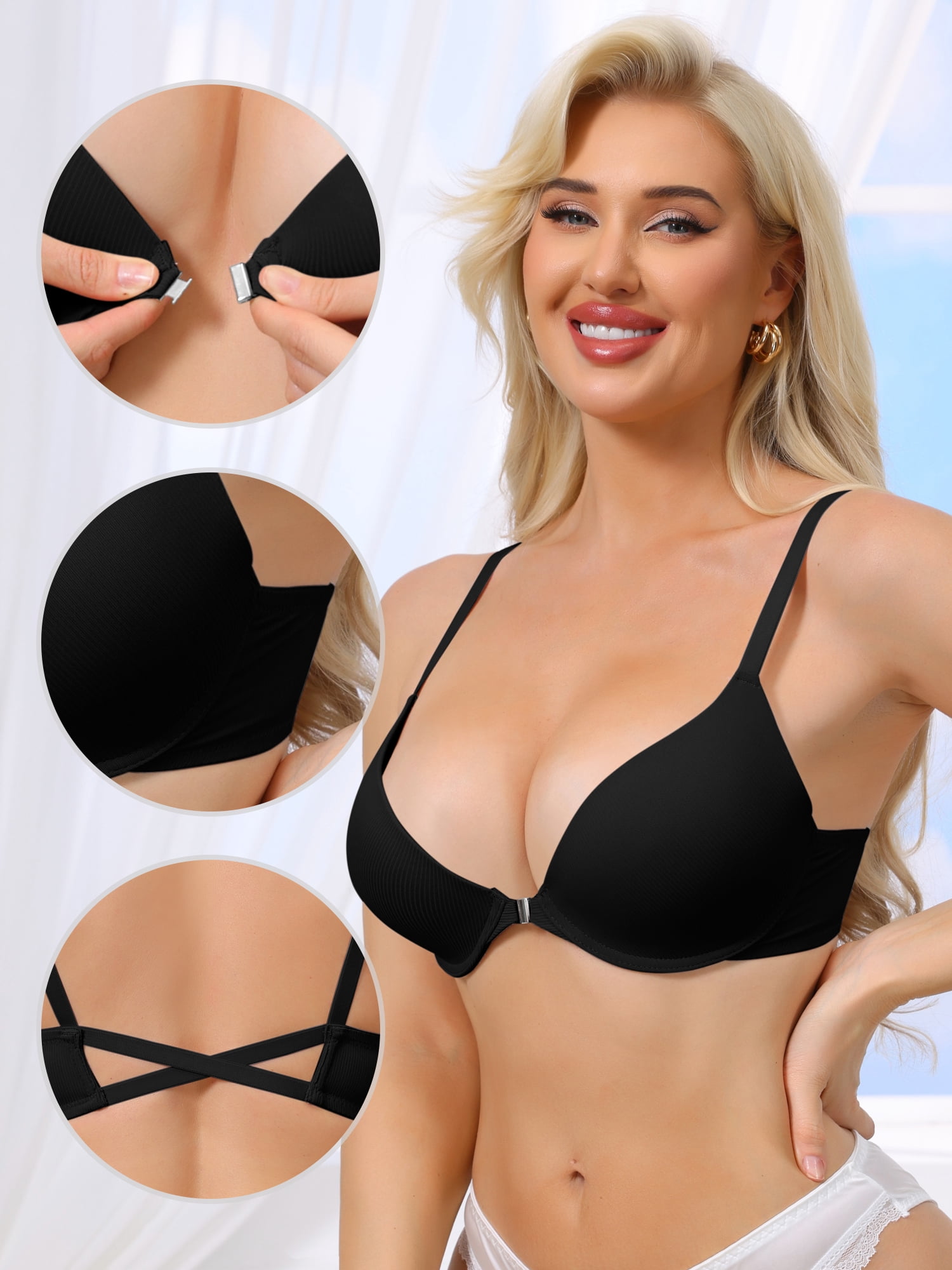 DARING DIVA Women's Push Up Adjustable Straps Bras with Front Closure C 38 Black