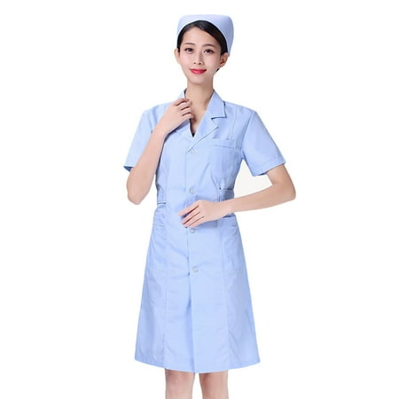 

Blue Short Sleeve Uniform Beautician Nursing White Coat Cotton Hospital Apparel Clothes V Neck Labour Suit Fashion Costume Pharmacy Coat Without Hat and Pant - Size XL