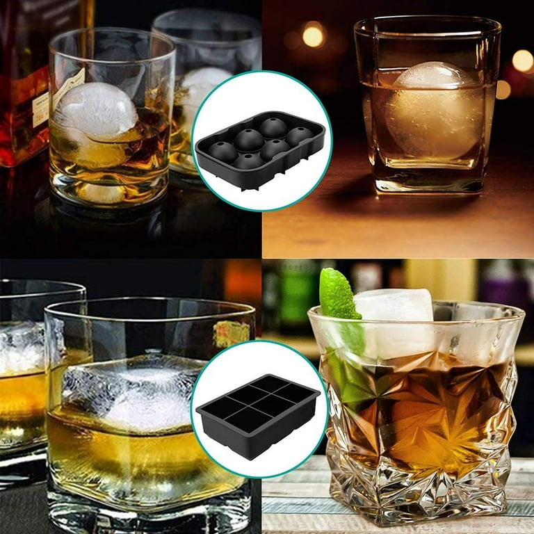 Ice Cube Tray, Large Square Ice Tray and Sphere Ice Ball Maker with Lid,  Funnel for Whiskey, Reusable and BPA Free (Silicone Ice Cube Molds Set of  2) 