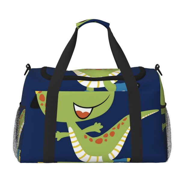 Balery Dino Playing Roller Skate Bolsa de Gimnasio para Mujeres, Bolsa de Viaje con Bolsillo Húmedo, Bolsa de Fin de Semana para Mujeres, Bolsa de Viaje Resistente al Agua