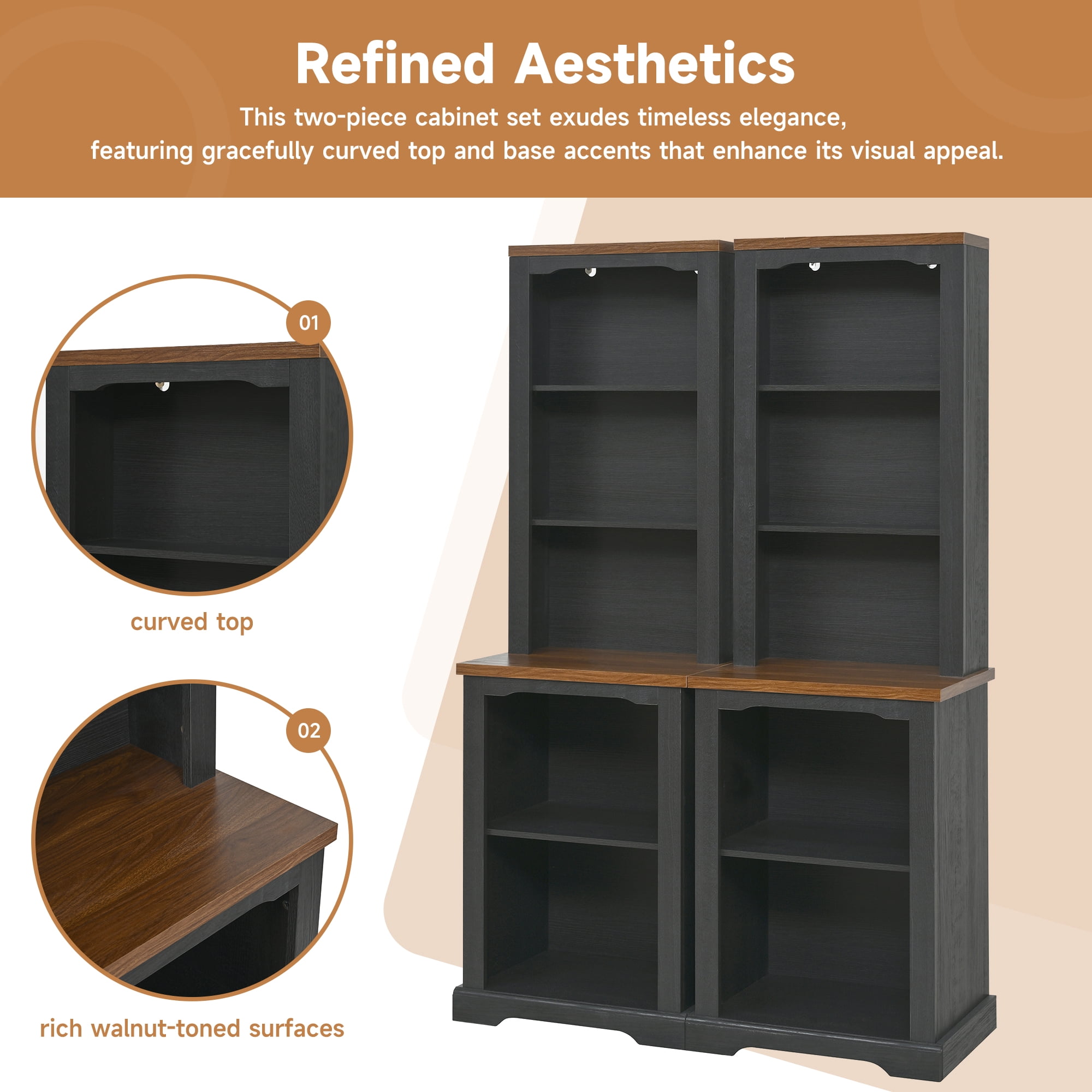 Miniyam 21" x 15" x 66" 2-Piece Freestanding Tall Cabinet with Fully Open Storage, Bookshelves with Curved Design, Display Bookcase with Anti-Tip Device, Black