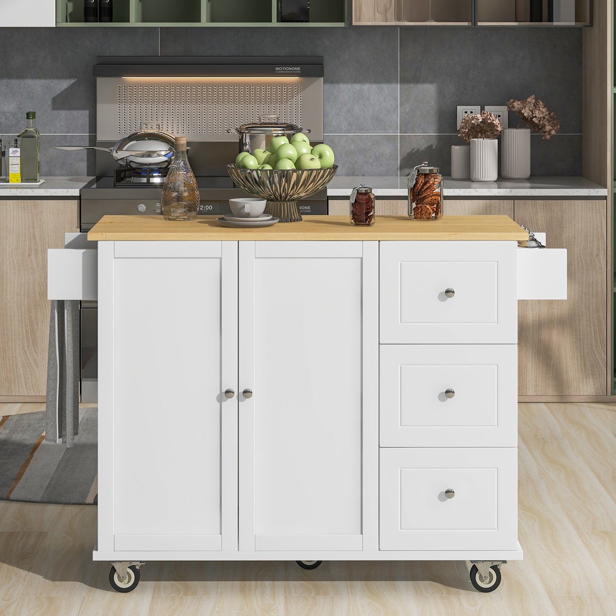 Rolling Mobile Kitchen Island,Drop Leaf Breakfast Bar White+Natural