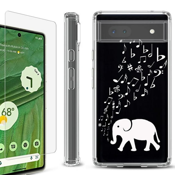 Shockproof Bumper Phone Case for Google Pixel 6a, with Tempered Glass Screen Protector, by OneToughShield ® - Elephant Music